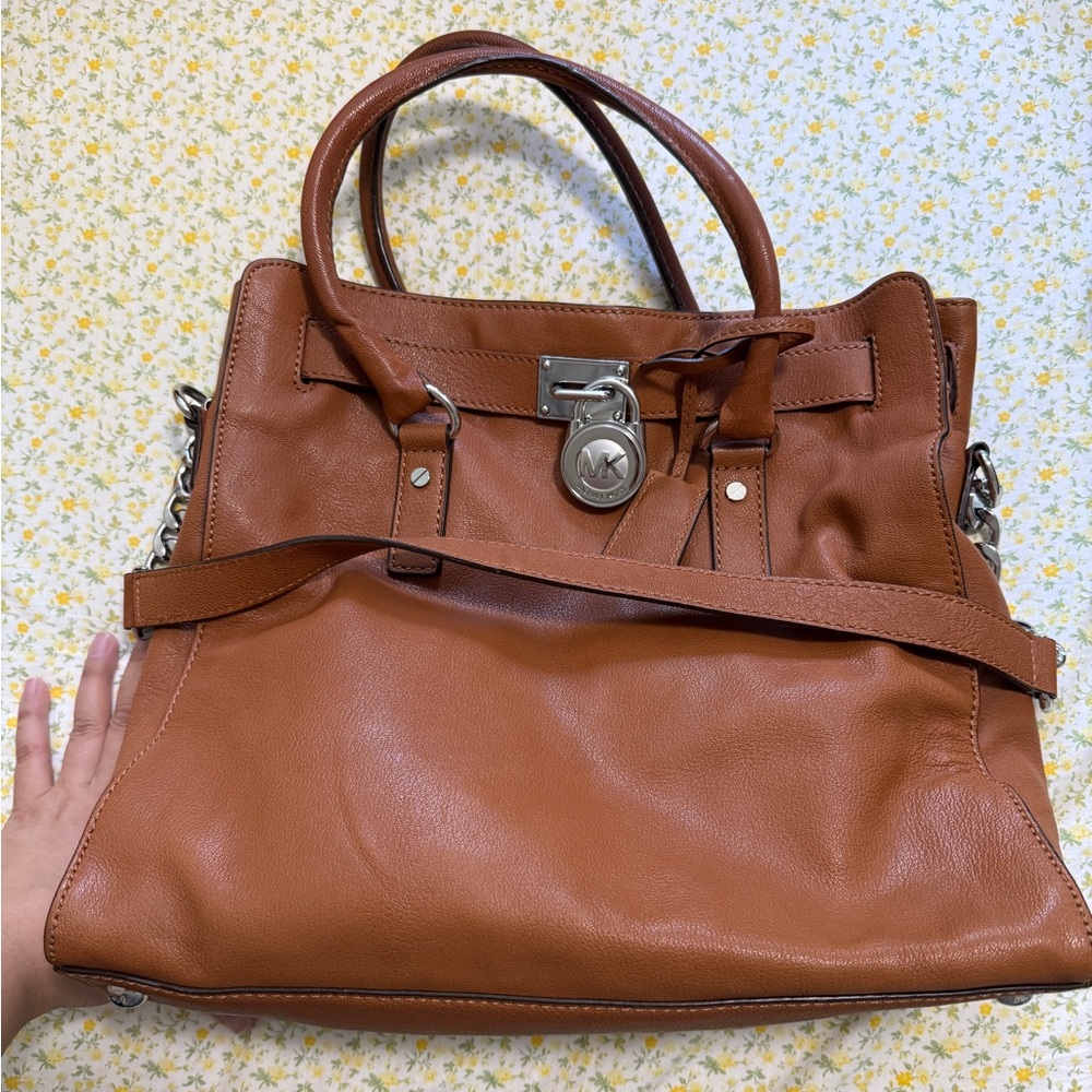 Michael Kors Hamilton Leather Satchel – Caramel Brown with Lock & Chain Strap